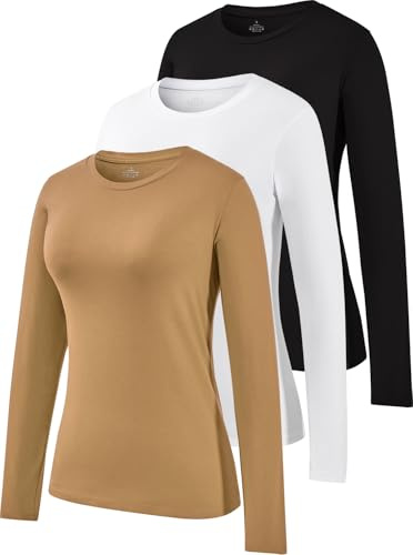 Ullnoy Cotton Long Sleeve T Shirts Women,Basic Ladies Thermal Tops 3 Pack | Casual,Crew Neck,Solid Color,Soft,Comfortable,Breathable,Lightweight,for Daily Wear,Workout,Spring/Fall/Winter