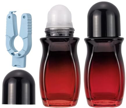 Kesell 2Pack Glass Roller Bottles 50ML Gradient Red Deodorant Bottle with Opener Refillable Glass RollerBall Deodorant Container for Essential Oils, Perfume (Black Lid)