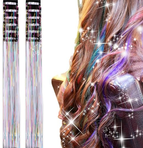 Qianyu 12 Stück Glitzer Haarsträhnen Lametta Kit Tinsel Hair Clip-in-Extension Zum Einflechten Haartei funkelnde Weihnachten Halloween Haar-Accessoires für Frauen Mädchen Kinder Festival Party Zubehör