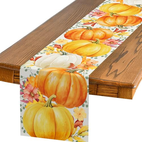 Orange Kürbisse Tischläufer, Kürbis Herbst Tischläufer Tischdeko, Halloween Deko Tischwäsche, Herbst Küche Esstisch Tischdekoration Drinnen und Draußen Party Tischdecke, 35x183cm