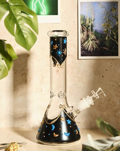 Midnight Celestial Glass Bong – 14mm Beaker Water Bong with Percolator Recycler, Glass Rig with Bowl Piece, 24.5cm Portable Smoking Pipe