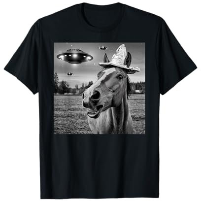 Schockiertes Pferd mit Zinnfolien-Hut, UFO Begegnung Alien Meme T-Shirt