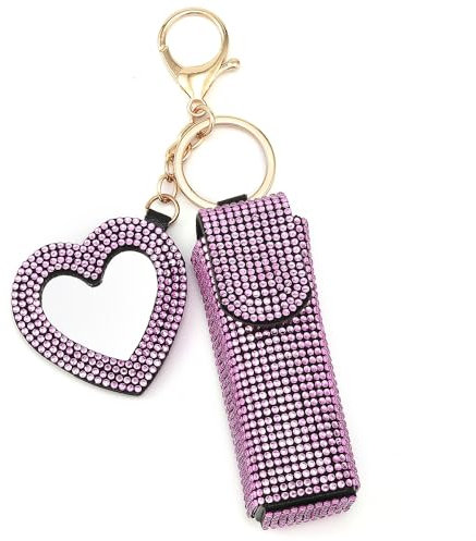 Blueshyhall Étui à rouge à lèvres miroir en cuir avec strass brillants et strass - Petit sac à lèvres avec couvercle - Pendentif à paillettes - Pour porte-clés, sac à dos, Rose, Paillettes
