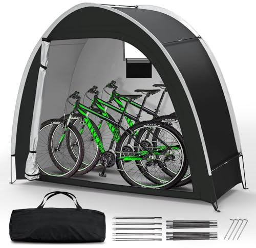 Bike Storage Tent for Outdoor, 2-3 Bike Capacity with Extra Top Space, PU5000 Waterproof 210D Oxford Fabric with Taped Seams, Portable Floor Storage Shed for Bicycle, Motorcycle & Garden Tools, etc