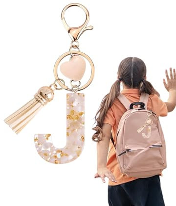 MOPZIJA Porte-clés pour fille - porte cle initial J,porte clef lettre,Pendentif en forme Cœur - Porte-clés avec lettre porte-clés fille initiale- Cadeau pour femme gland or porte clef femme