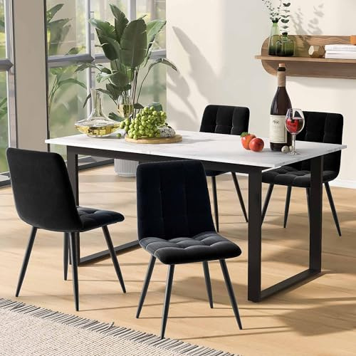 Merax Essgruppe mit 4 Stühlen, Küchentisch Set, ausziehbar Esszimmertisch mit Samt Esszimmerstühle, 140/180×80×75cm Esstisch mit 4 Stühlen, für 4-6 Personen(Weiß+Schwarz)