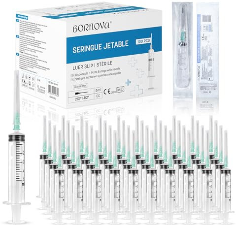 BORNOVA - 5 ML /100 Stück mit 21g Luer Slip (vorgemonteert), Flüssigkeitsspender aus hochwertigem Kunststoff, geeignet für Flüssigkeitsmessungen. (5 ml / 100 Stück)