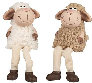formano Oster Dekoration Kantensitzer mit Hängebeinen Osterschafe Schafe im Set-2 Stück- mit Wolle 18cm, beige und Weiss aus Steingut - Geschenke zu Ostern