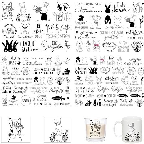 FloraVigo Kein Schneiden erforderlich Rub On Sticker ca.A5 19x14cm-Spruch Deko zum Geburtstag, Keraflott, Hochzeit, Zuhause, Wischfolie für Möbel, Glas, Holz, Fotoalbum, DIY Deko(4PCS) (Ostern 1)