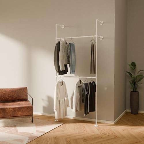 pamo Kleiderstange Wandmontage 180 kg Traglast - Offener Kleiderschrank Industrial Kleiderständer Weiß aus Metall Wasserrohren - stabil & robust