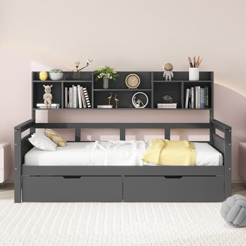 Daybett Einzelbett Bett 90x200 cm, Tagesbett mit Stauraum Schubladen & Regale & Bücherregal, Kinderbett Holzbett Jugendbett Stauraumbett Funktionsbett, Bettgestell mit Lattenrost, Ohne Matratze, Grau