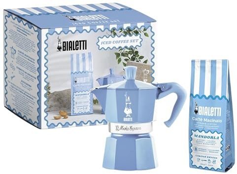 Bialetti Moka Express in Alluminio Set Caffettiera 3 Tazze Turchese con Caffè Macinato Mandorla 250g aromatizzato alla Mandorla