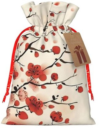Japanese Spring Plum Floral Printed Christmas Drawstring Bags with Red Christmas Ribbon - Reusable Burlap Drawstring Gift Pouches, S