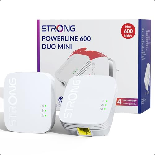 STRONG AV600 Kit Powerline Ethernet Compatto, Porta LAN 100 Mbps, Kit da 2 | Plug & Play, Connessione Sicura, Risparmio Energetico, Compatibile con Ogni Router, Internet Stabile per TV, PC e Console