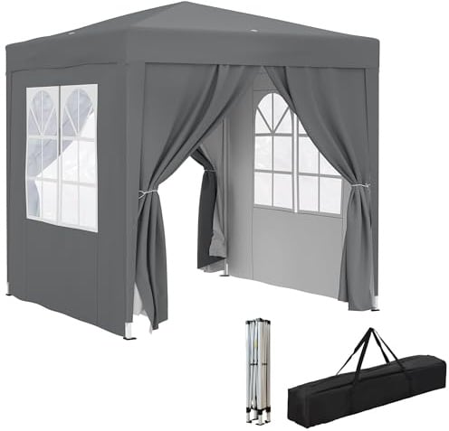 Outsunny Faltbares Zelt 2x2m, Pop-up, Gartenpavillon Gazebo mit 4 Seitenwänden, 2 Fenstern und Tragetasche, Anti-UV, Wasserdicht, Gazebo für Camping, Party, Outdoor, Grau