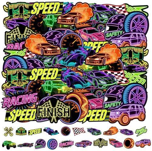 100Pcs Neon Race Cars Vinyl Stickers - 20 Unique Funny Designs, 5 Each for Racing-Themed Decor, Party Favors, Laptop, Water Bottle & Phone Case, Skateboard