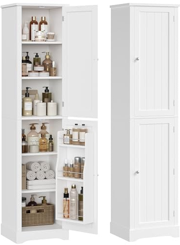 FOREHILL Badezimmerschrank 180 cm hoch Badschrank schmal mit 3 Türregalen | Hochschrank Küchenschrank mit 2 Türen, verstellbare Ablagen, für Badezimmer, Küche, Esszimmer, 40 x 30 x 180 cm, Weiß