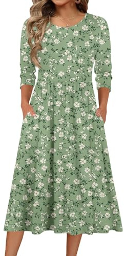 Dresses for Women UK Casual Crewn Neck 3/4 Length Sleeve Elegant Flowy Solid Color Midi Spring Summer Fall Boho A Line Floral Long Dress