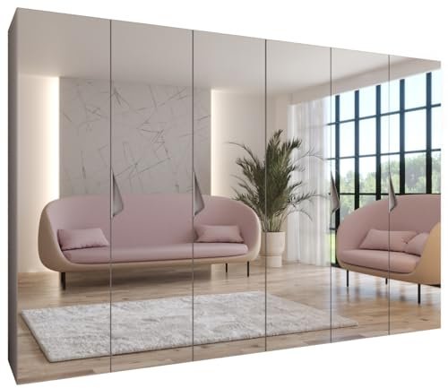 MEBLE KRYSPOL - Kleiderschrank - Garderobenschrank - 300 cm x 202 x 52 cm - Schrank mit Kleiderstange und Spiegel, 6 Türen - für Schlafzimmer, Flur - SANDI, Kaschmir, Griff Kaschmir