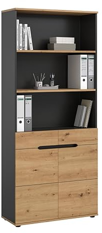 xonox.home – Aktenregal Canu 80x189x37 cm in Basaltgrau & Artisan Eiche Nachbildung – Büroschrank mit 2 Türen & 5 Fächern – 3 offene Fächer für Ordner & Unterlagen im modernen Look