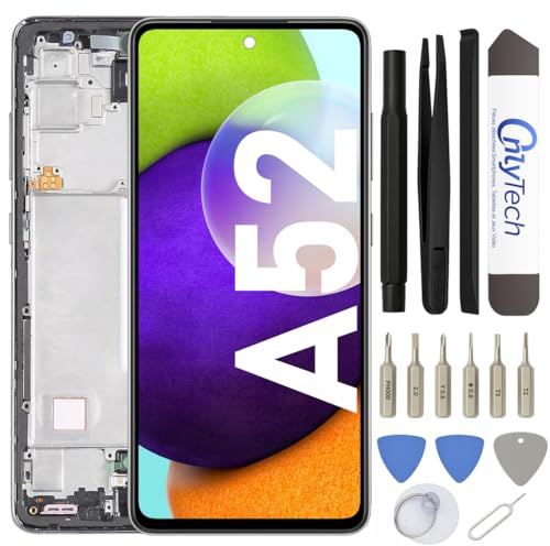 OnlyTech - Schermo LCD completo con telaio assemblato di ricambio per Samsung Galaxy A52 nero (SM-A525F / SM-A526B) con kit di riparazione 15 strumenti