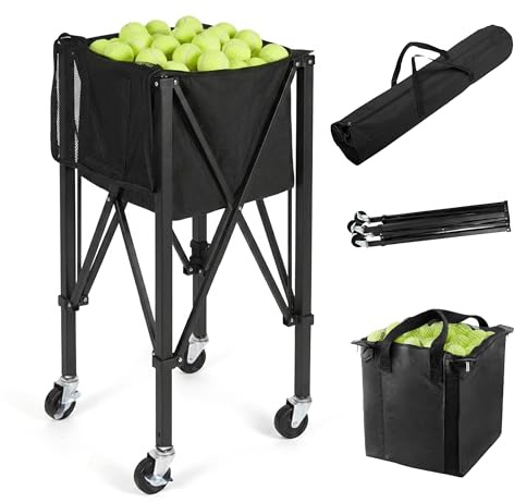 Relaxdays Chariot à balles de Tennis pour 150 balles de Tennis avec roulettes et Sac Pliable H 90 x H 41 x H 41 cm Panier de Tennis Noir