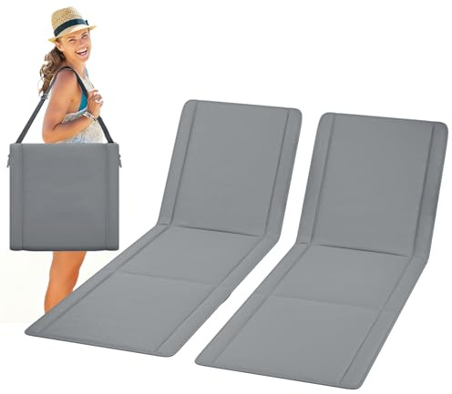 UDPATIO 2er Set Strandmatte mit Rückenlehne 195 cm, Strandstuhl, Verstellbare Strandliege Klappbar Leicht, Faltbare Sonnenliege für Strand, 150kg Belastbar, Sonnenmatte Gepolstert mit Tasche, Grau