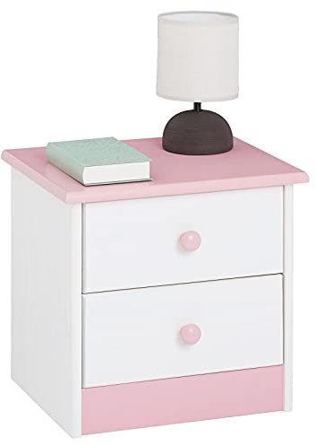 IDIMEX Table de Chevet Rondo avec 2 tiroirs, Table de Nuit en pin Massif, Chevet en Bois lasuré Blanc et Rose