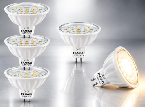 Trango 5er Set MR1615 LED Leuchtmittel 6 Watt 450 Lumen 12-Volt 3000K warmweiß mit MR16 I GU5.3 I G4 Fassung zum Austausch herkömmlicher Halogen Glühlampe, Reflektor Lampe, LED Birnen