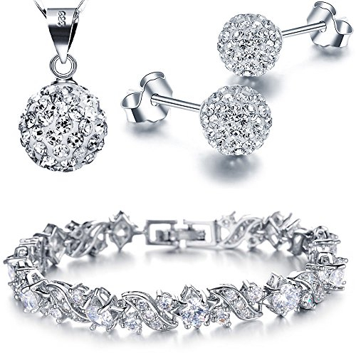 Kim Johanson Damen Schmuckset *Classic* in Silber I Halskette mit Anhänger & Ohrringen aus 925 Sterling Silber I Armband rhodiniert I Mit weißen Kristallen besetzt inkl. Schmuckbeutel