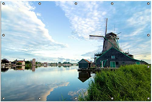 Wallario Outdoor-Poster für Garten oder Balkon Alte Windmühle an einem Fluss, Motivbanner Größe: ca. 120 x 180 cm, Outdoor-Bild