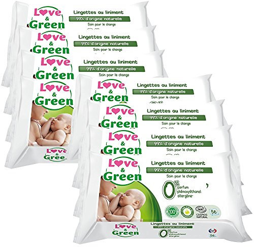 Love & Green Pack de 56 Lingettes au Liniment 99% d'Origine Naturelle Spécial Change - Lot de 8