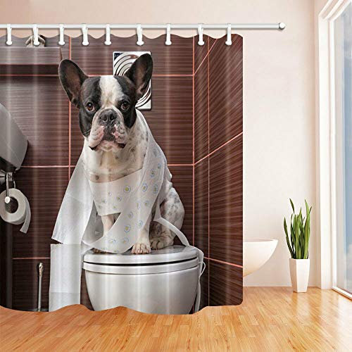 Nyngei Französische Bulldogge Duschvorhang Badezimmer Decor Stoff 12 Haken 183 x 183 cm