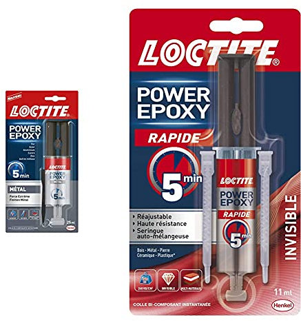 Loctite Colle Epoxy liquide spéciale Metal, Résine epoxy bi-composante couleur métal, 25 ml & 2297532 - Power Epoxy Rapid 5 min - Seringue de colle - Transparent - 11ml