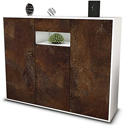 Stil.Zeit Highboard Kommode Madalena, Korpus Weiss matt, Front Industrie-Design Rost (136x108x35cm), Push-to-Open Technik & Leichtlaufschienen