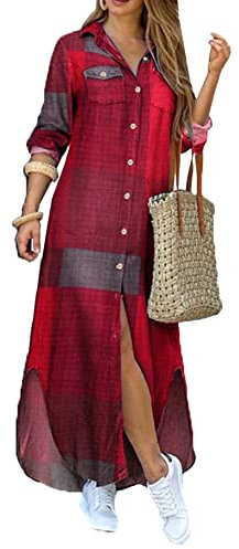 YMING Femme Robe Décontractée à Revers à Carreaux Chemises Longues Robe Boutonnée Maxi Robe Bordeaux Gris M