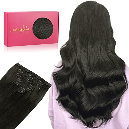 WENNALIFE Clip in Extensions Echthaar, 70g 7pcs 50cm Natürliches Schwarz Echthaar Remy Clip in Extensions Natürliche Haarverlängerung Echthaar