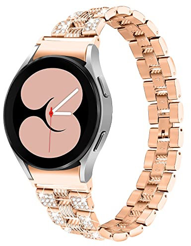 Miimall Metal Strap for Samsung Galaxy Watch 7 FE 6 5 40m 44mm /6 Classic 43mm 47mm/5 Pro 45mm/4 Classic 42mm 46mm, Bling Rhinestone Zinc Alloy for Women Girls Adjustable Replacement Band, Rose Gold