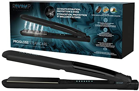 Revamp Progloss MoistureCare 1-Inch Flat Iron Hair Straightener – Steam Hair Straightener with Keratin, Argan & Coconut Oil Infused Ceramic & Ionic Floating Plates, Easy to Use with Auto-Off