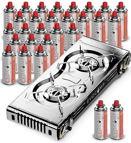 Gaskocher 2-flammig mit Piezozündung - Campingkocher für Gaskartuschen MSF-1a 227g - Camping Gaskocher für Campinggaz - Campingkocher 2 flammig - Campinggaskocher - Camping Herd (+ 28 Kartuschen)