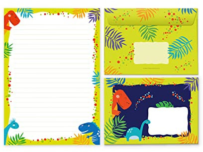 Briefpapier-Set Briefblock mit Umschlag für Jungen Mädchen Kinder Dino Dinosaurier (Block A5 mit 25 Blätter + 15 Umschläge)