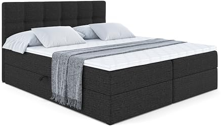 ALTDECOR Boxspringbett mit Matratze und Lattenrost, Boxbett, Topper, Polsterbett mit Bettkasten, Bett mit Stauraum H4-Matratze, Doppelbett, Springboxbett - Marce - 180x200 - Schwarz