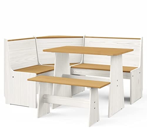 KOIECETA 3-TLG. Eckbankgruppe Massivholz Kiefer Eckbank Sitzgruppe Tisch Hocker Esszimmergruppe (Honigbraun und Weiß)