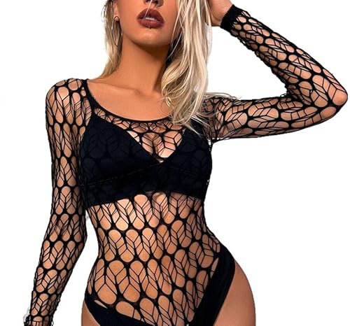 Bommi Fairy Women's Leafnet Bodysuit Fishnet One Piece Sexy Bodycon Sheer See Through Teddy Bodysuit Body Tops Mesh Chemise Babydoll (Black)
