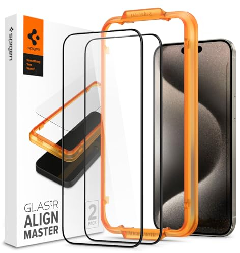 Spigen AlignMaster Full Coverage Tempered Glass Screen Protector for iPhone 15 Pro Max (2 Pack)