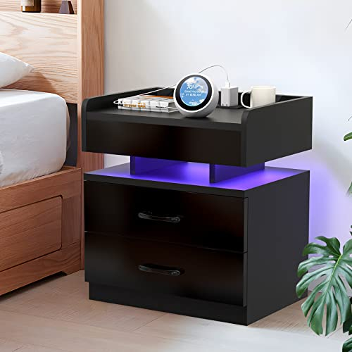 PIPIPOXER Nachttisch, Nachttisch in Schwarz mit Steckdose und USB, Nachttische mit 2 Schubladen Nachschrank für Wohnzimmer,Schlafzimmer Bett 40x35x65cm Schwarz