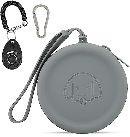 FIDWALL Leckerli-Tasche aus Silikon,mit Hundeklicker,Futtertasche für Hundetraining,Hundezubehör,Taschengröße,leicht zu reinigen,geruchlos, Reißverschluss-Design,tragbare Leckerli-Tasche(dunkelgrau)