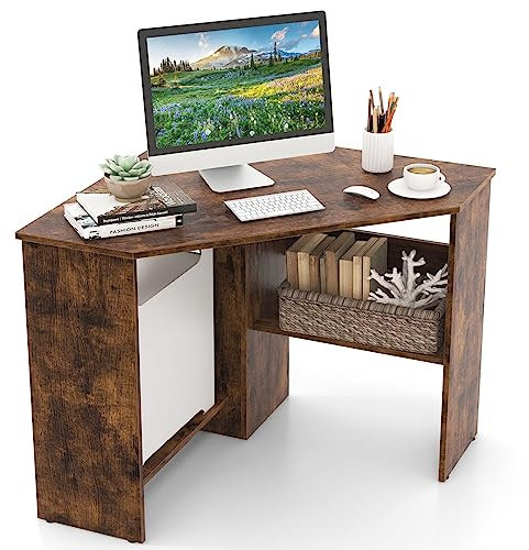 SFAREST Triangle Corner Table, 90° Wooden Computer Desk with Open Shelf and Cable Management Holes, Space Saving Compact Study Workstation for Bedroom Living Room Office (Brown)
