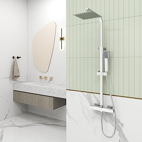 OCEAN ITALY Set Doccia Completo di Soffione, Doccetta, Rubinetto Quadrati, Saliscendi Doccia Termostatico, Doccia Soffione 20x20cm in Acciaio Inox Lucido Cromato, Altezza Regolabile 75-115cm