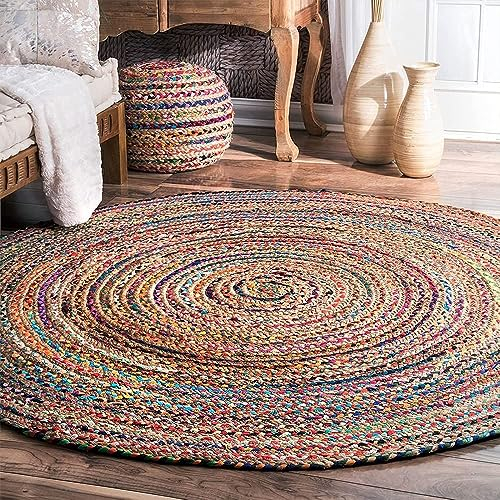Aakriti Gallery Fair Trade Handmade Jute Rag Rug Chindi Rug Multi Coloured Indian Mat Recycled Rug Boho Decorative (5 FEET)